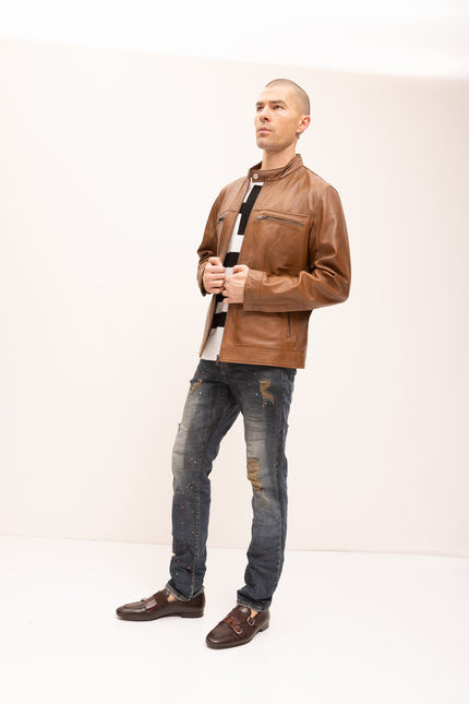 Men's Classic Genuine Leather Jacket - Brown - Ron Tomson Leather