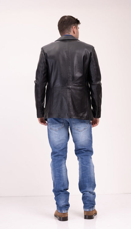 Classic Leather Blazer with Notch Lapel - Black - Ron Tomson