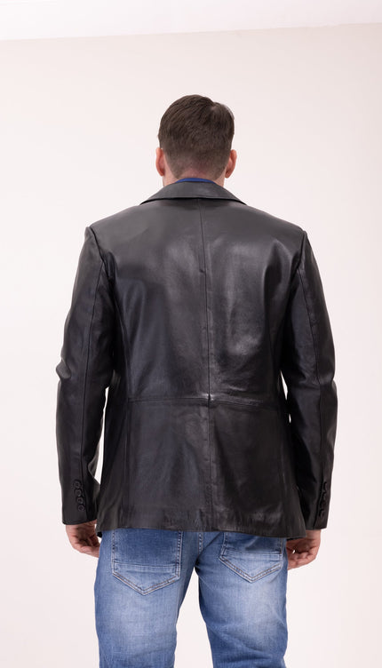 Classic Leather Blazer with Notch Lapel - Black - Ron Tomson