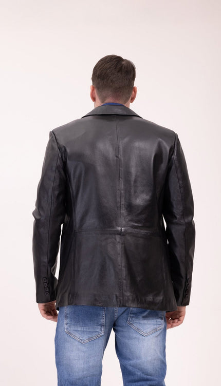 Classic Leather Blazer with Notch Lapel - Black - Ron Tomson