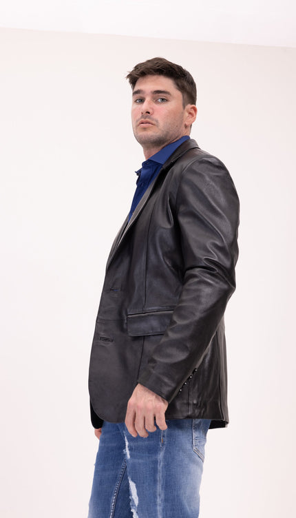 Classic Leather Blazer with Notch Lapel - Black - Ron Tomson