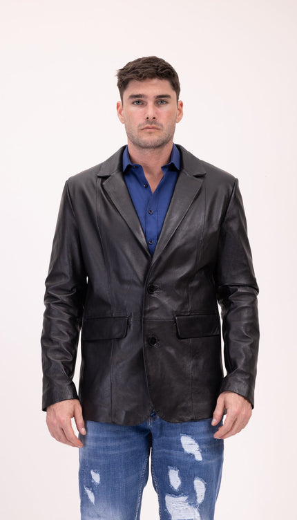 Classic Leather Blazer with Notch Lapel - Black - Ron Tomson