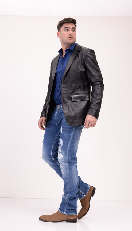 Classic Leather Blazer with Notch Lapel - Black - Ron Tomson