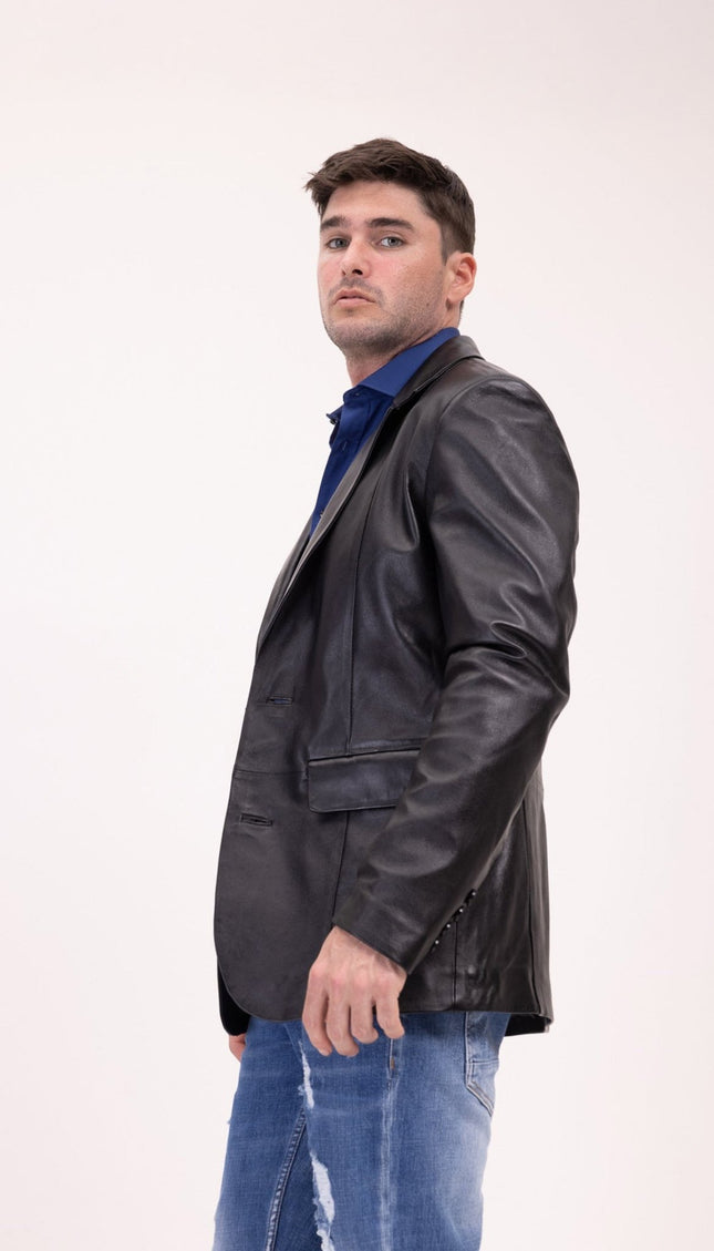 Classic Leather Blazer with Notch Lapel - Black - Ron Tomson