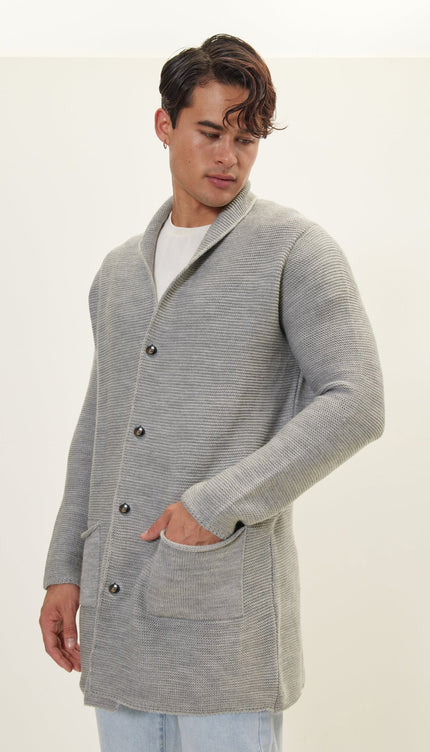 Shawl Lapel Long Cardigan - Gray