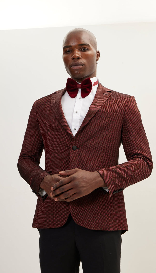 Classic Notch Lapel Dinner Jacket -Jacquard Burgundy - Ron Tomson