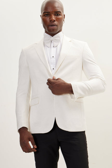 Classic Notch Lapel Dinner Jacket -Jacquard White - Ron Tomson
