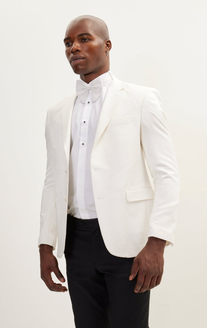 Classic Notch Lapel Dinner Jacket -Jacquard White - Ron Tomson