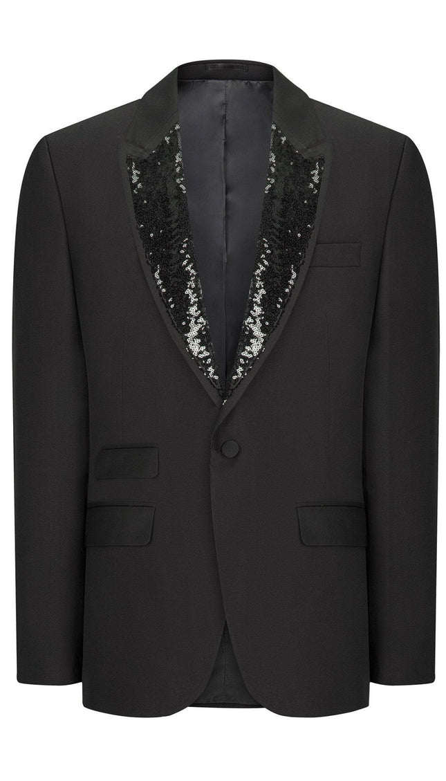 Men's Sequin Peak Lapel Tuxedo Jacket - Black | Ron Tomson Men's Sequin Peak Lapel Tuxedo Jacket - Black | Ron Tomson