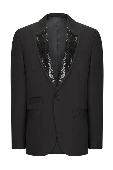Classic Sequin Peak Lapel Tuxedo Jacket - Black - Ron Tomson