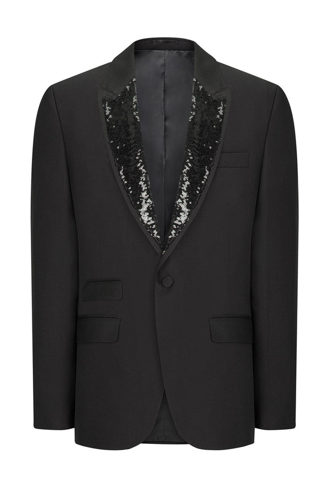 Classic Sequin Peak Lapel Tuxedo Jacket - Black - Ron Tomson