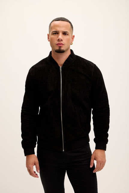 Men's Classic Suede Leather Bomber - Black - Ron Tomson Leather