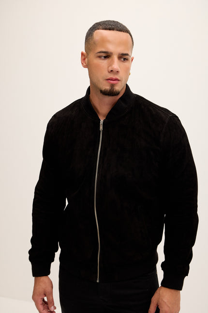 Men's Classic Suede Leather Bomber - Black - Ron Tomson Leather
