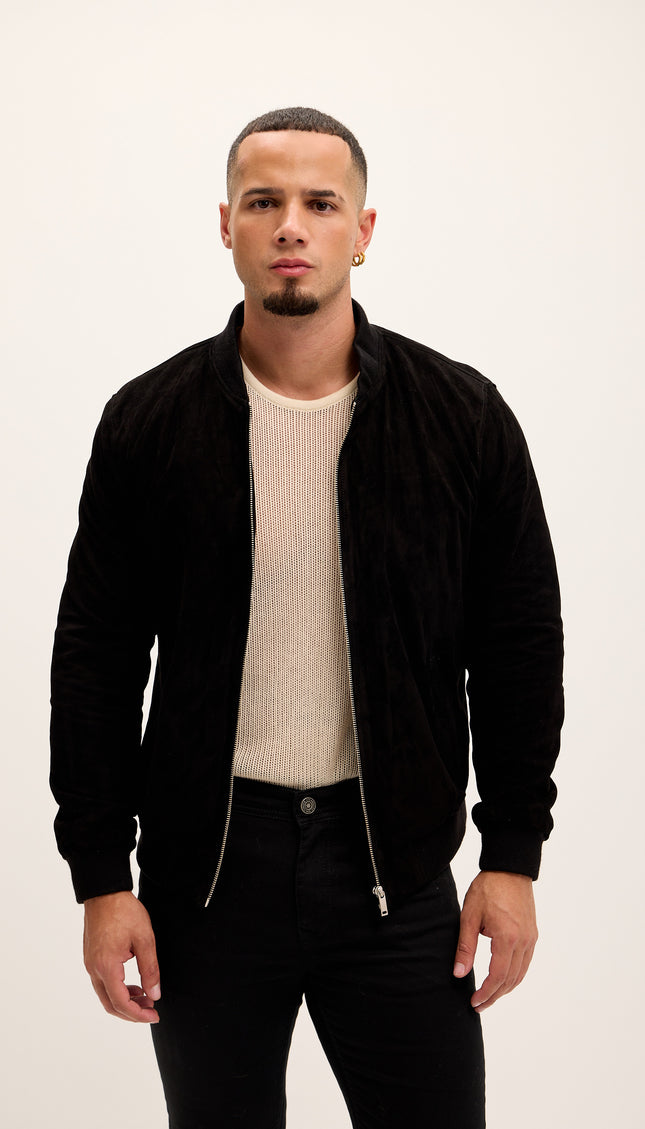 Classic Suede Leather Bomber - Black - Ron Tomson