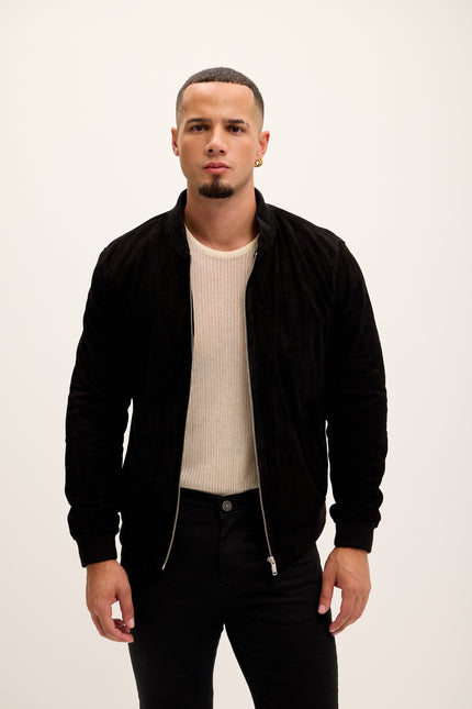 Men's Classic Suede Leather Bomber - Black - Ron Tomson