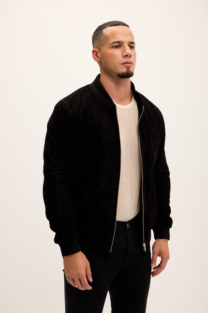 Men's Classic Suede Leather Bomber - Black - Ron Tomson Leather