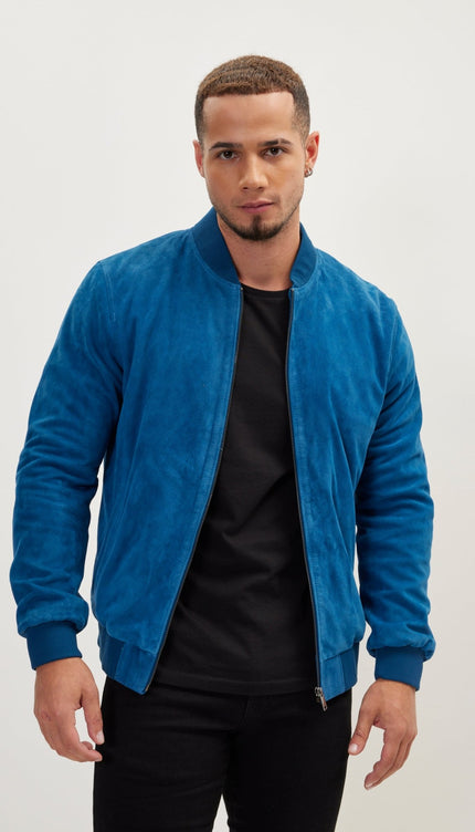 Classic Suede Leather Bomber - Blue - Ron Tomson