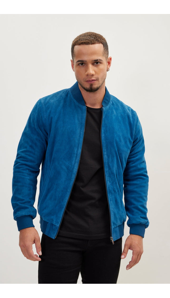 Classic Suede Leather Bomber - Blue - Ron Tomson