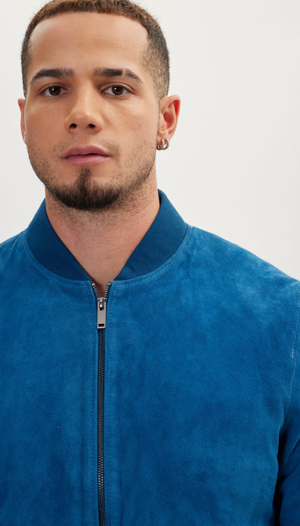 Classic Suede Leather Bomber - Blue - Ron Tomson