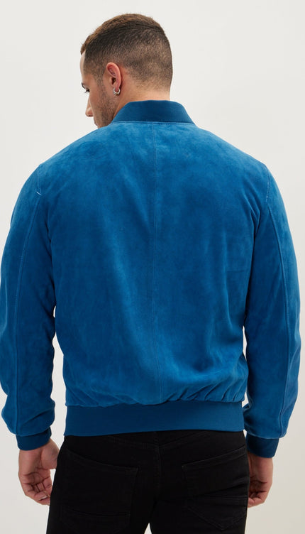 Classic Suede Leather Bomber - Blue - Ron Tomson