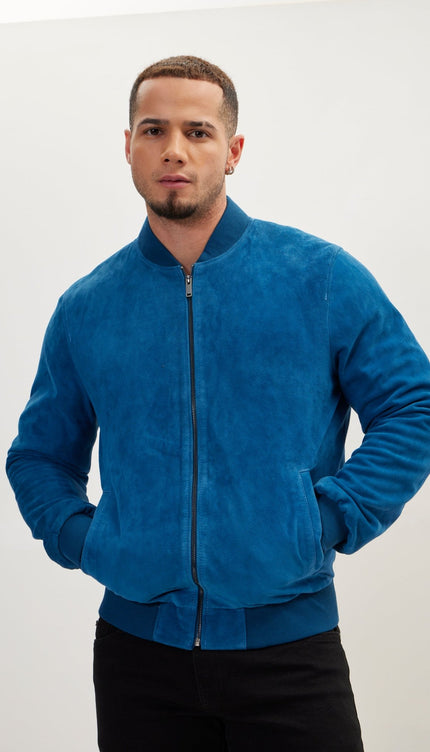 Classic Suede Leather Bomber - Blue - Ron Tomson