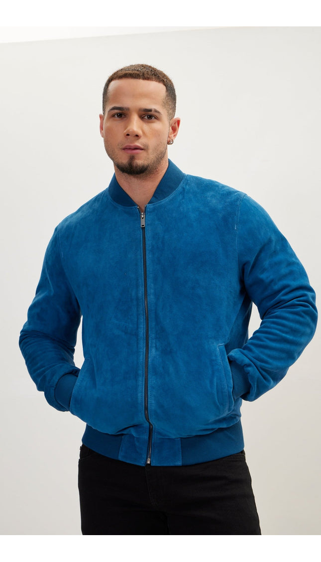 Classic Suede Leather Bomber - Blue - Ron Tomson