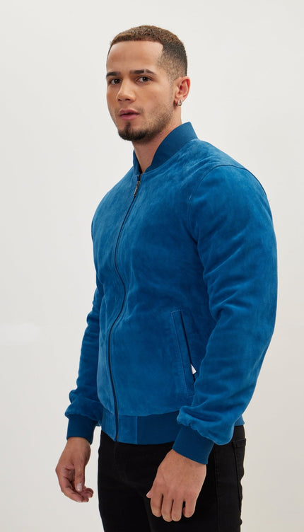 Classic Suede Leather Bomber - Blue - Ron Tomson