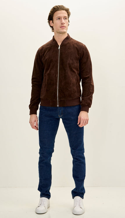 Classic Suede Leather Bomber - Chocolate Brown - Ron Tomson