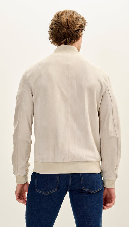 Classic Suede Leather Bomber Jacket - Beige - Ron Tomson