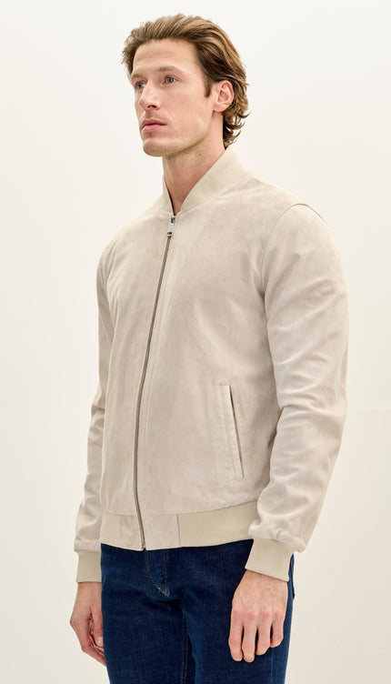 Classic Suede Leather Bomber Jacket - Beige - Ron Tomson