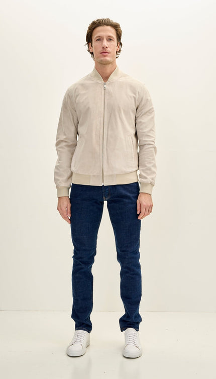 Classic Suede Leather Bomber Jacket - Beige - Ron Tomson