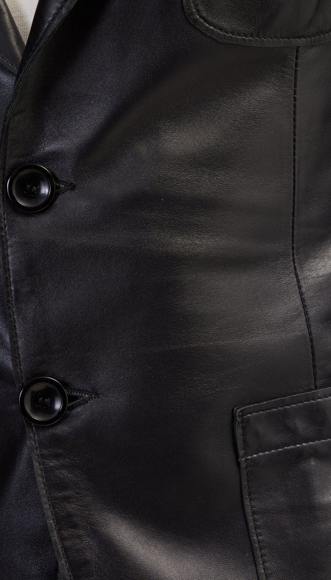 Classic Two-Button Leather Blazer - Black - Ron Tomson