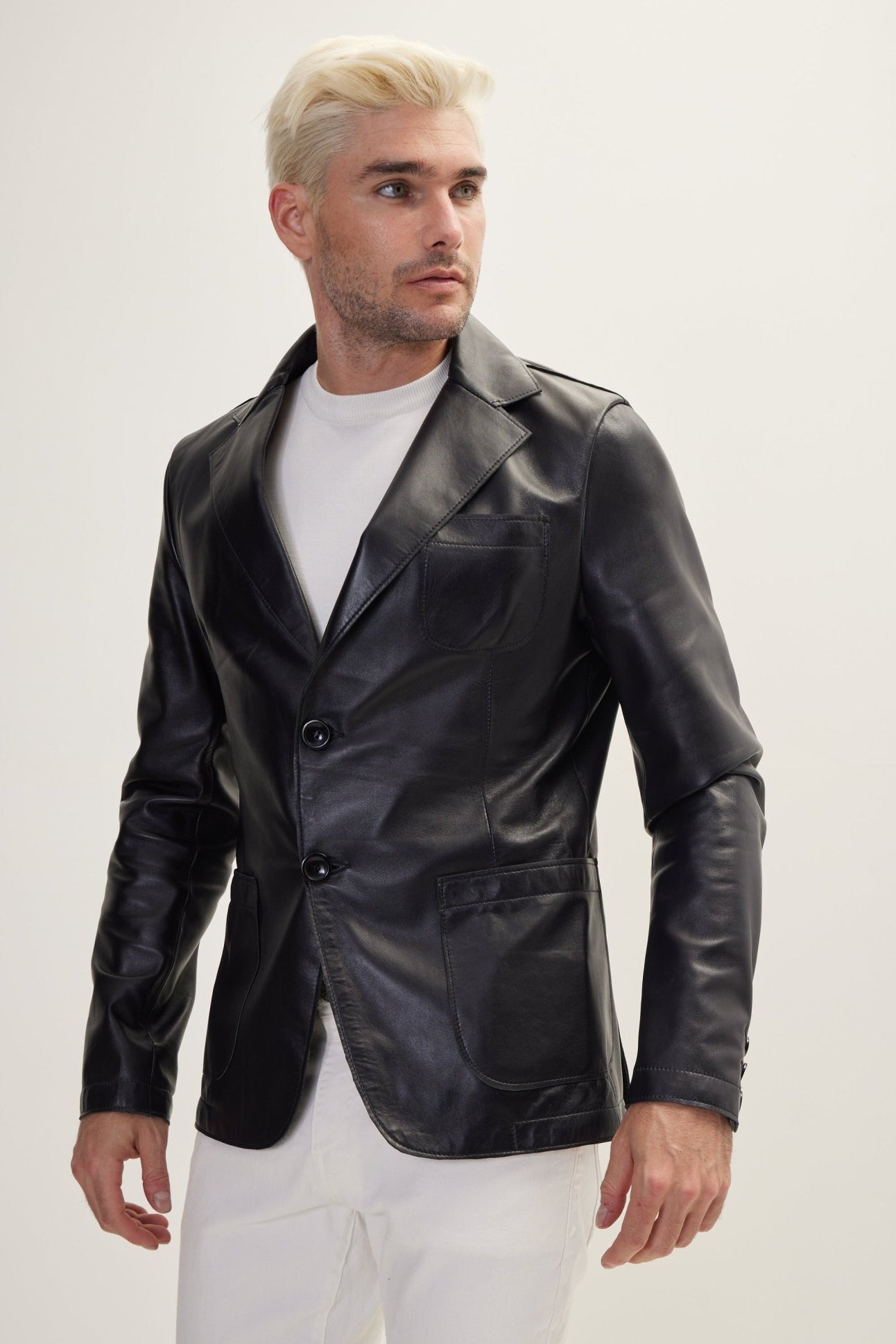 Classic Two-Button Leather Blazer - Black - Ron Tomson