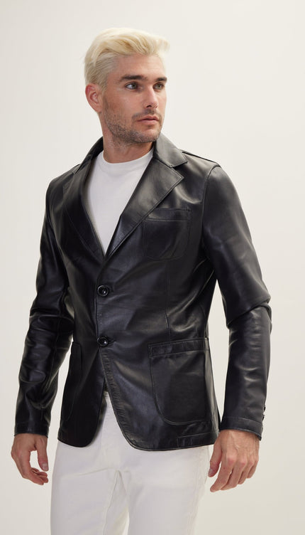 Classic Two-Button Leather Blazer - Black - Ron Tomson