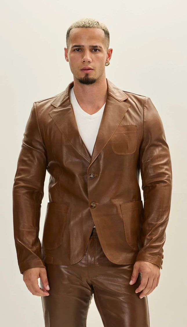 Classic Two - Button Leather Blazer - Brown - Ron Tomson