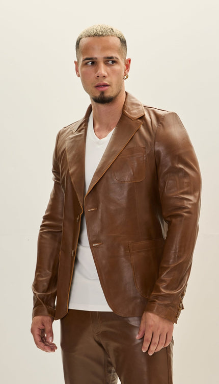 Classic Two - Button Leather Blazer - Brown - Ron Tomson