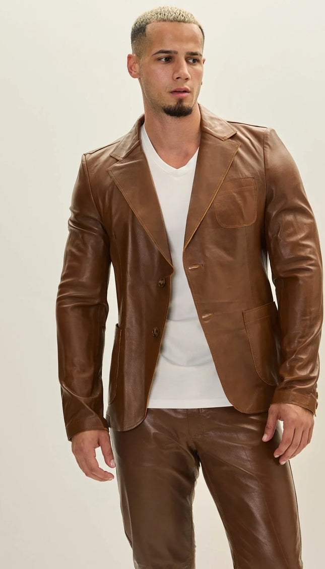 Classic Two - Button Leather Blazer - Brown - Ron Tomson