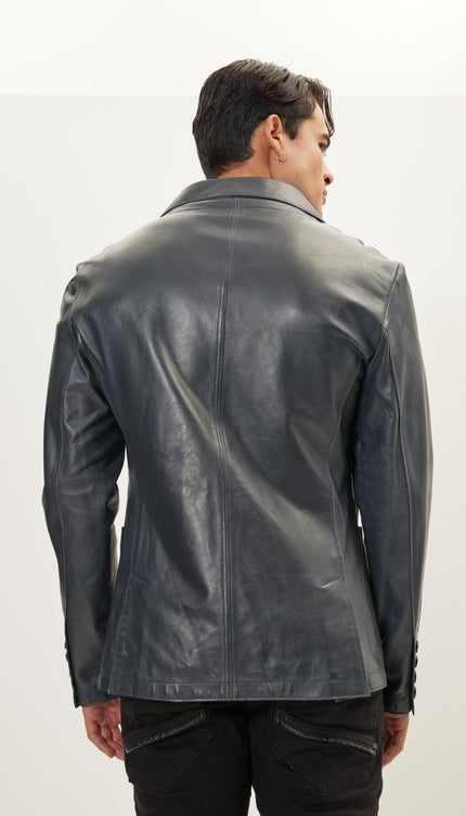 Classic Two-Button Leather Blazer - Navy - Ron Tomson