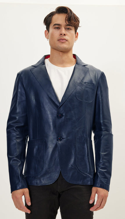 Classic Two - Button Leather Blazer - Navy - Ron Tomson