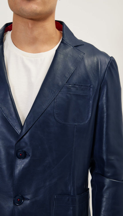 Classic Two - Button Leather Blazer - Navy - Ron Tomson