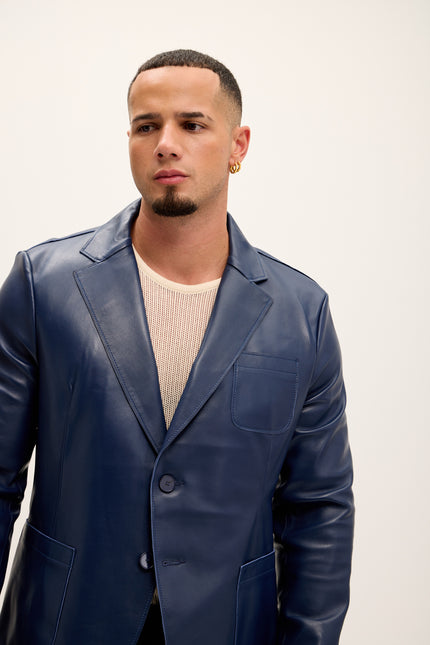 Men's Classic Two-Button Leather Blazer - Navy - Ron Tomson Leather