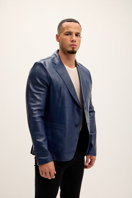 Men's Classic Two-Button Leather Blazer - Navy - Ron Tomson Leather