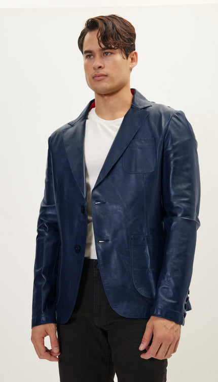 Classic Two - Button Leather Blazer - Navy - Ron Tomson