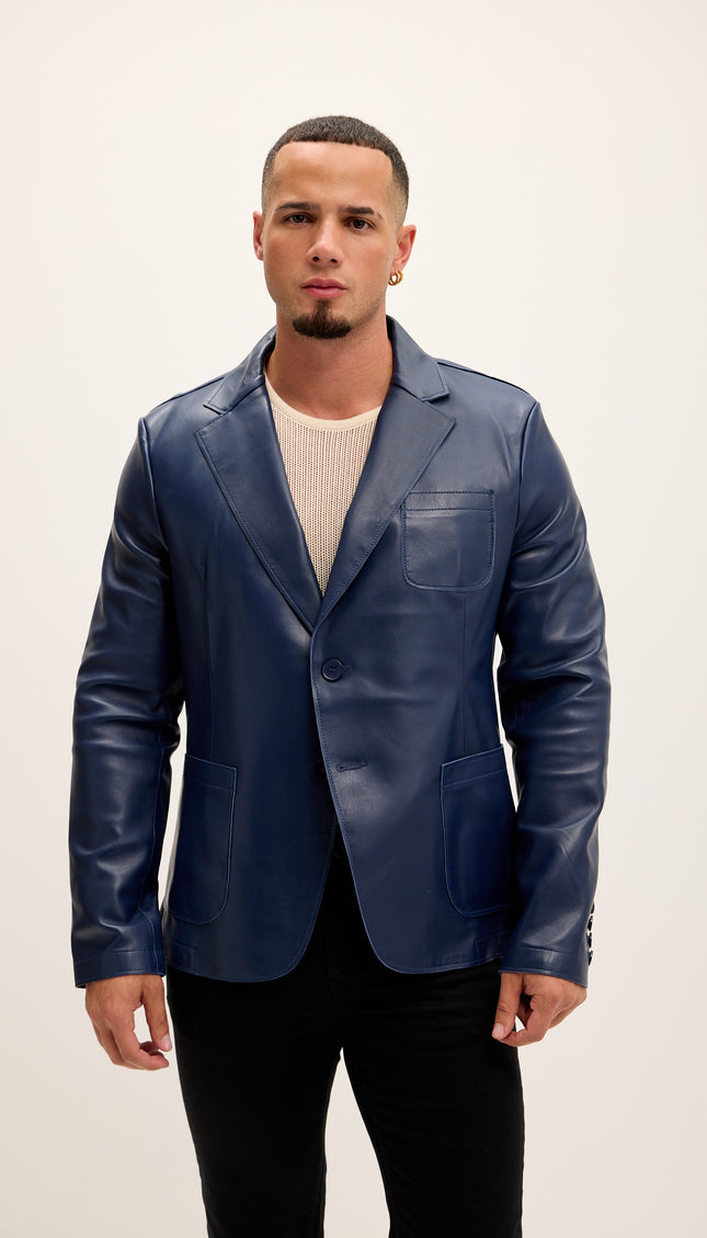 Classic Two - Button Leather Blazer - Navy - Ron Tomson