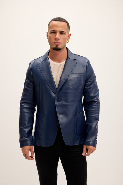 Men's Classic Two-Button Leather Blazer - Navy - Ron Tomson