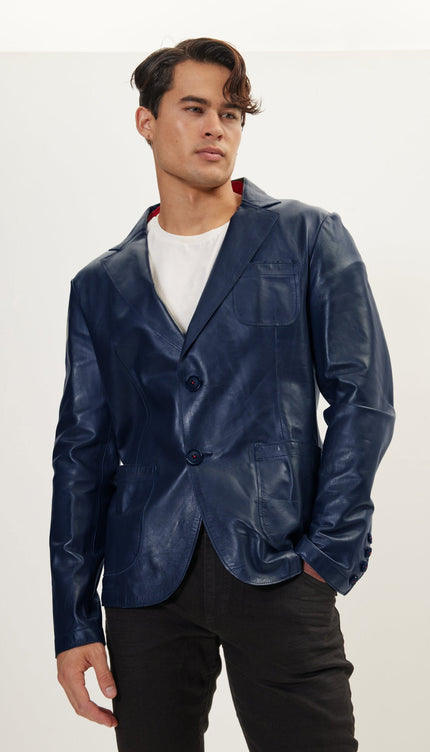 Classic Two - Button Leather Blazer - Navy - Ron Tomson