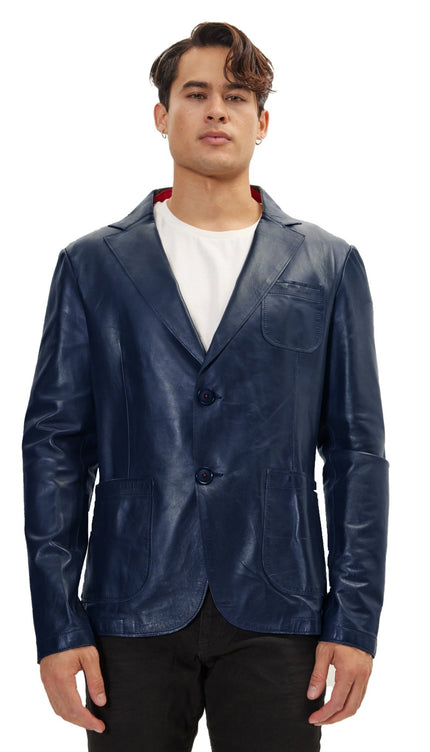 Classic Two - Button Leather Blazer - Navy - Ron Tomson