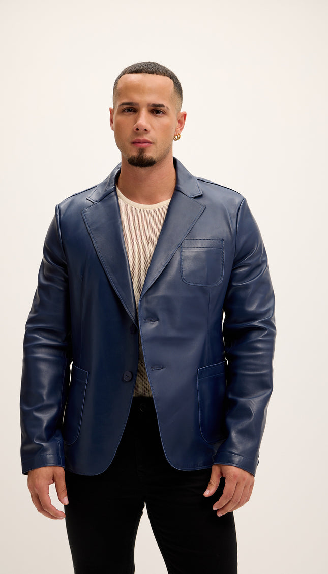 Classic Two - Button Leather Blazer - Navy - Ron Tomson