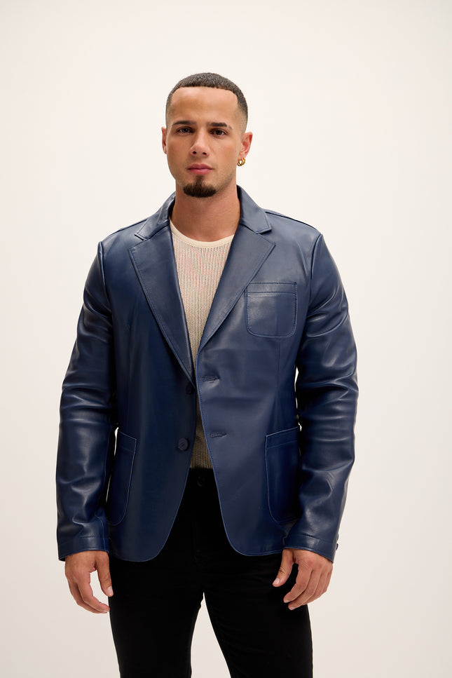 Men's Classic Two-Button Leather Blazer - Navy - Ron Tomson Leather