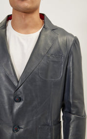 Classic Two-Button Leather Blazer - Navy - Ron Tomson